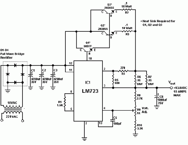 220v转13.8v10A稳压电源电路图-LM723组成